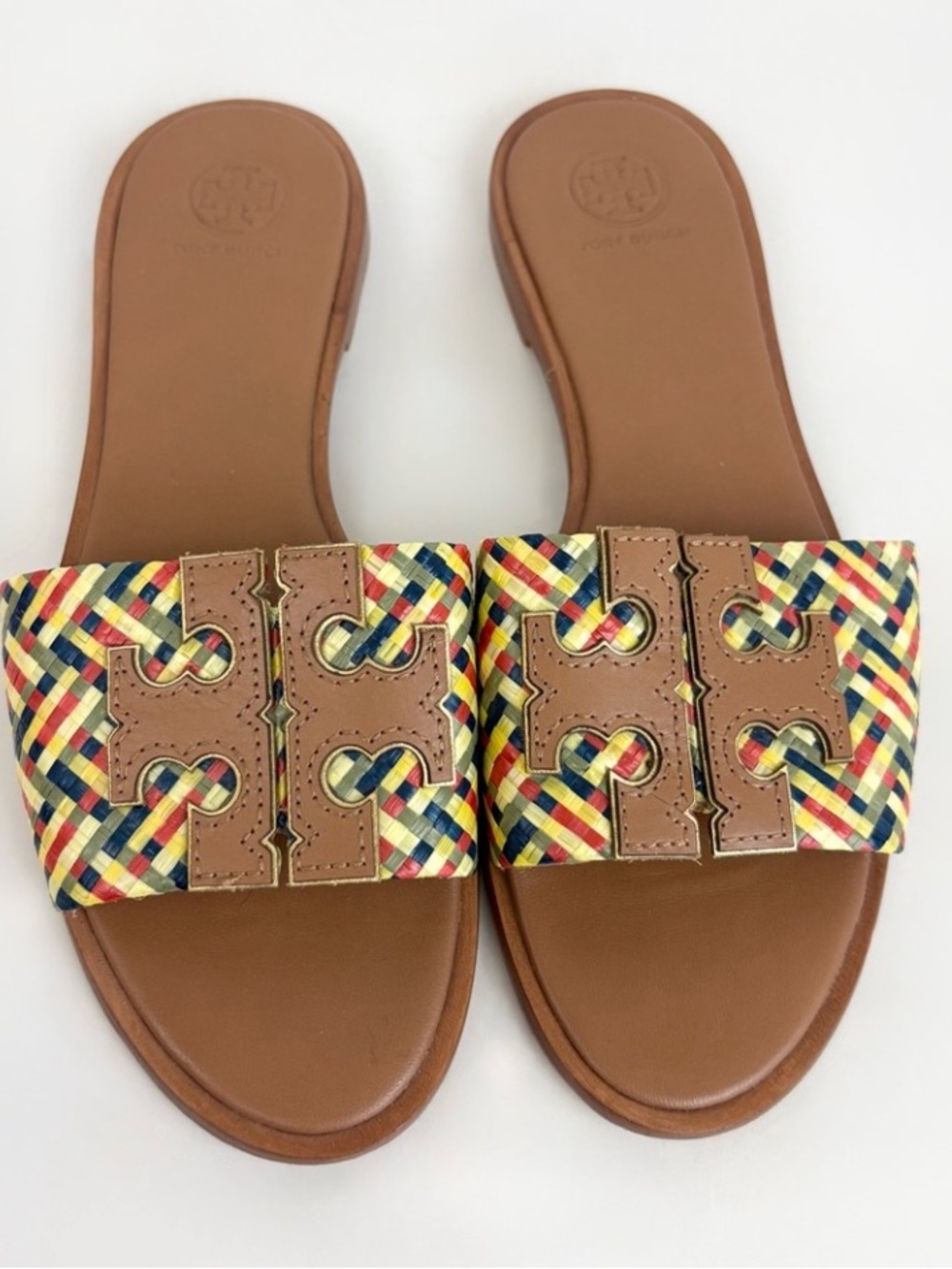 Tory Burch Tan Leather Slides with Multicolor Woven Strap